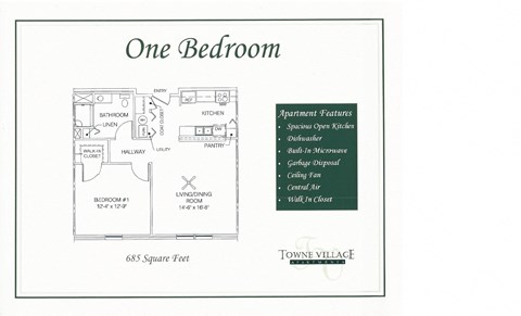 Floor plan for 1 bed, 1 bath, 675 sqft