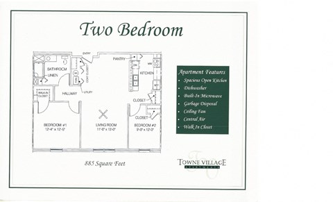 Floor plan for 2 beds, 1 bath, 885 sqft