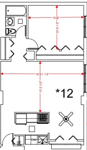 Floor plan for 1 bed, 1 bath, 575 sqft