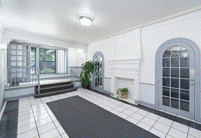 Chicago apartment for rent - A white and black tiled room with a fireplace and a potted plant.