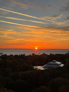 Chicago apartment for rent - A sunset over the ocean with a silhouette of a building in the foreground.at The Nest at Lincoln Park West, Chicago