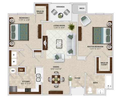 Floor plan for 2 beds, 1 bath, 1114 sqft