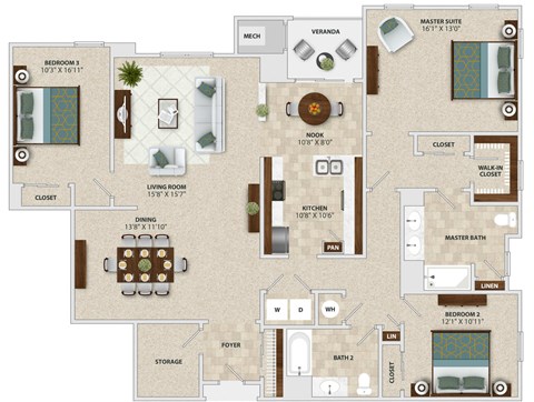 Floor plan for 3 beds, 2 baths, 1873 sqft