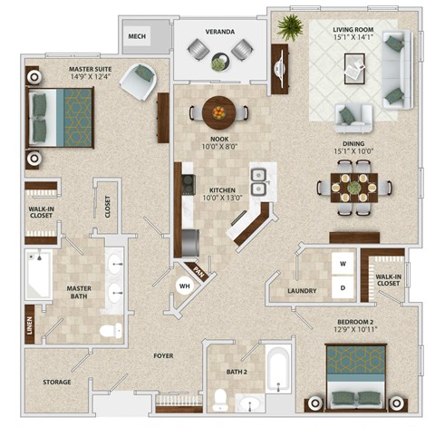 Floor plan for 2 beds, 2 baths, 1547 sqft
