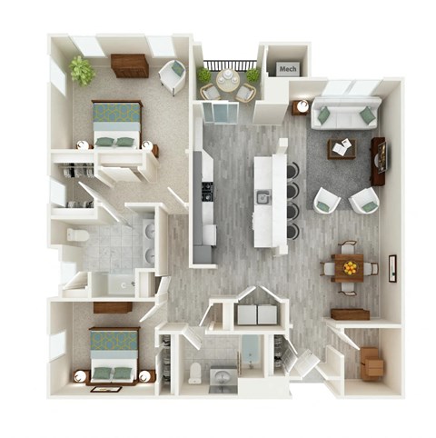 Floor plan for 2 beds, 2 baths, 1559 sqft