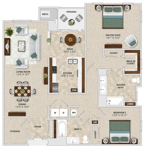 Floor plan for 2 beds, 2 baths, 1559 sqft