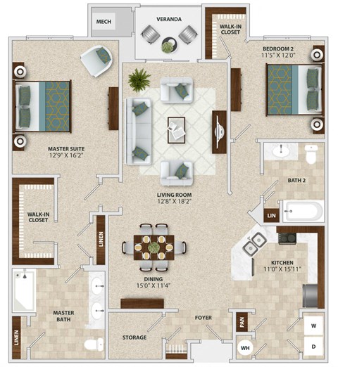 Floor plan for 2 beds, 2 baths, 1483 sqft