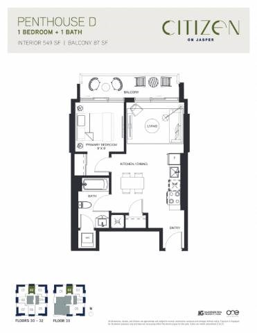 Floor plan for 1 bed, 1 bath, 548 sqft