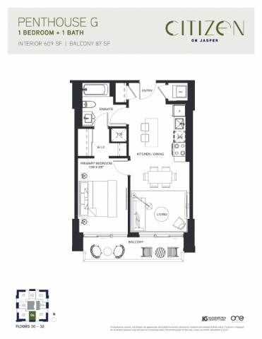Floor plan for 1 bed, 1 bath, 609 sqft