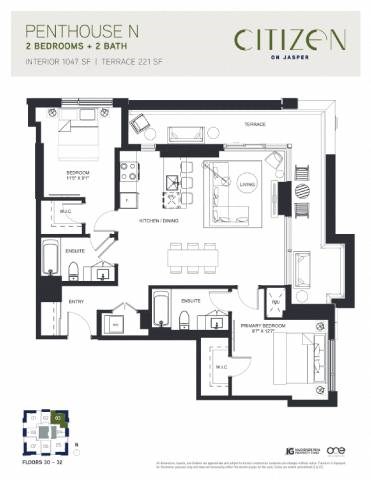 Floor plan for 2 beds, 2 baths, 1047 sqft