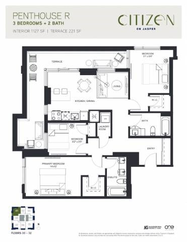 Floor plan for 3 beds, 2 baths, 1127 sqft