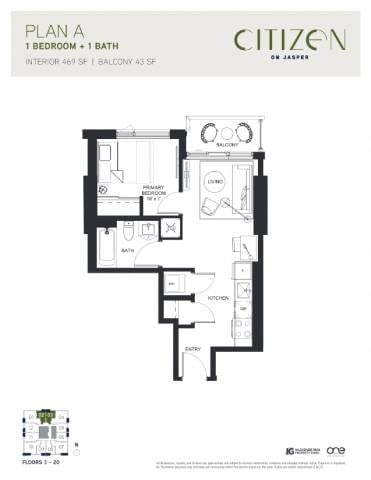 Floor plan for 1 bed, 1 bath, 469 sqft