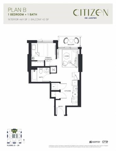 Floor plan for 1 bed, 1 bath, 469 sqft