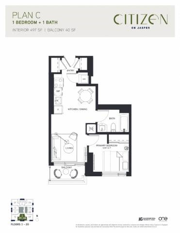 Floor plan for 1 bed, 1 bath, 497 sqft