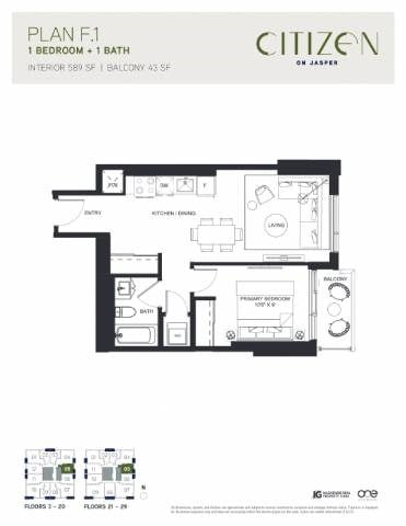 Floor plan for 1 bed, 1 bath, 589 sqft