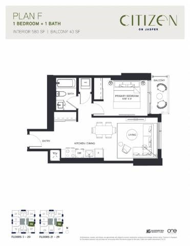 Floor plan for 1 bed, 1 bath, 580 sqft