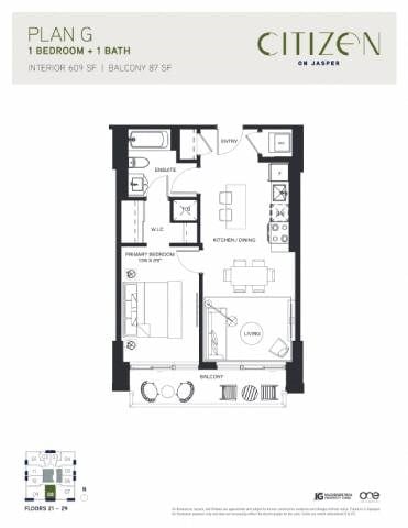 Floor plan for 1 bed, 1 bath, 609 sqft