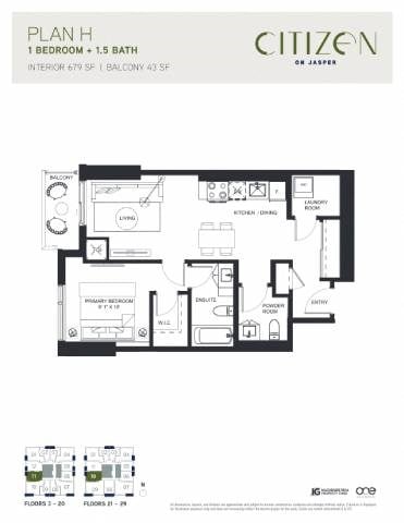 Floor plan for 1 bed, 1.5 baths, 679 sqft