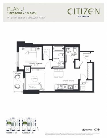 Floor plan for 1 bed, 1.5 baths, 682 sqft