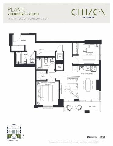 Floor plan for 2 beds, 2 baths, 854 sqft