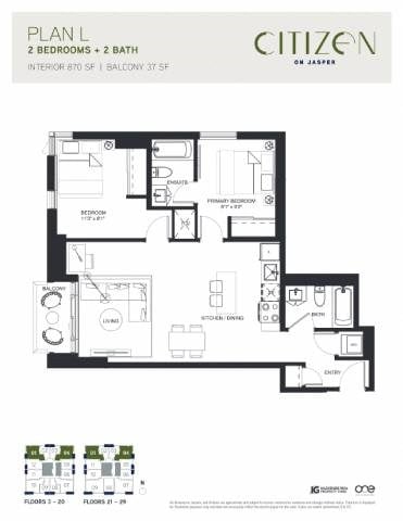 Floor plan for 2 beds, 2 baths, 870 sqft