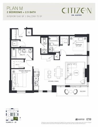 Floor plan for 2 beds, 2.5 baths, 1045 sqft
