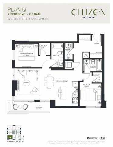 Floor plan for 2 beds, 2.5 baths, 1048 sqft