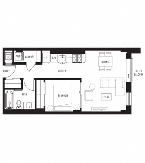 Floor plan for 1 bed, 1 bath, 566 sqft
