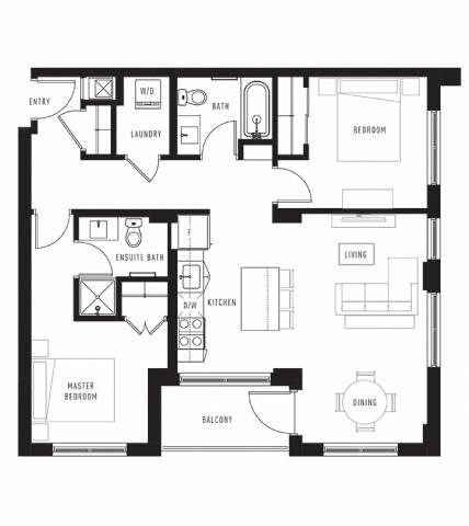 Floor plan for 2 beds, 2 baths, 935 sqft