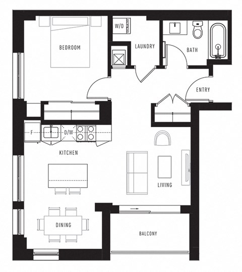 Floor plan for 1 bed, 1 bath, 708 sqft