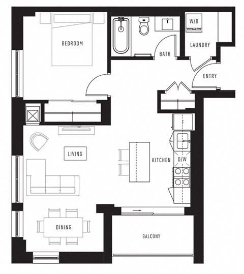 Floor plan for 1 bed, 1 bath, 700 sqft