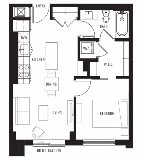 Floor plan for 1 bed, 1 bath, 568 sqft