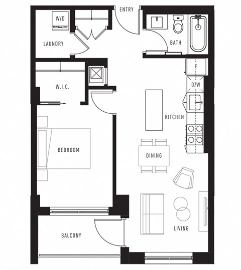 Floor plan for 1 bed, 1 bath, 634 sqft