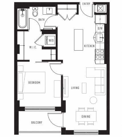 Floor plan for 1 bed, 1 bath, 634 sqft