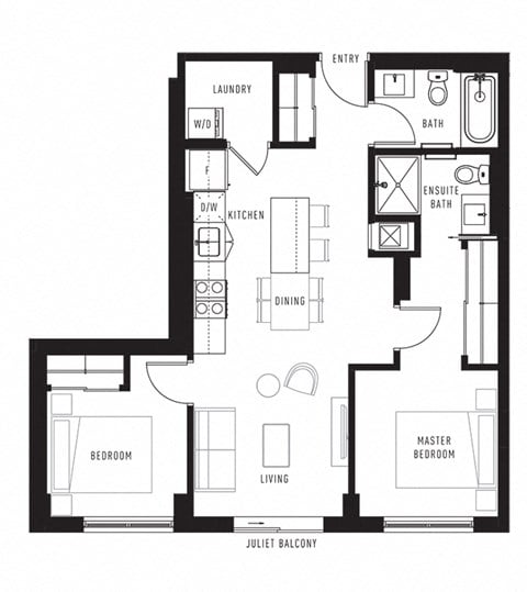 Floor plan for 2 beds, 2 baths, 800 sqft