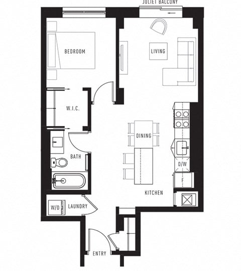 Floor plan for 1 bed, 1 bath, 645 sqft