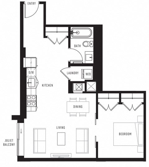 Floor plan for 1 bed, 1 bath, 663 sqft