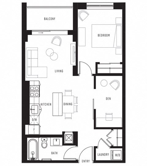 Floor plan for 1 bed, 1 bath, 705 sqft