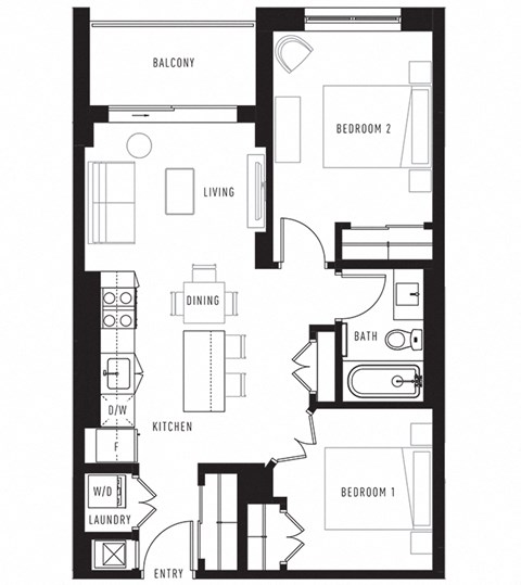 Floor plan for 2 beds, 1 bath, 701 sqft