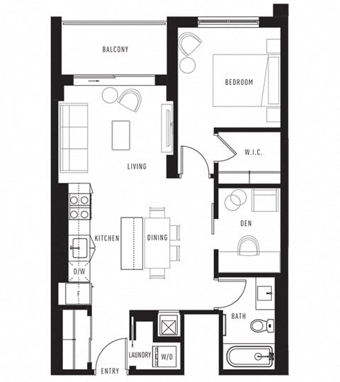 Floor plan for 1 bed, 1 bath, 676 sqft