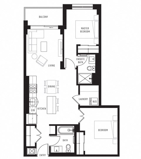 Floor plan for 2 beds, 2 baths, 933 sqft