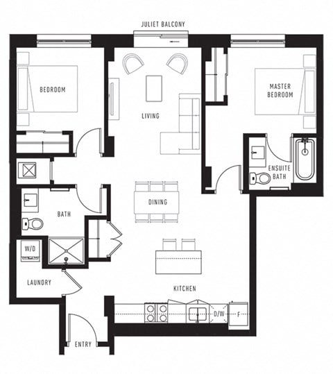 Floor plan for 2 beds, 2 baths, 955 sqft