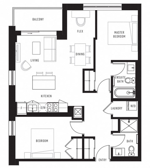 Floor plan for 2 beds, 2 baths, 943 sqft