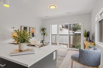Ottawa apartment for rent - A white kitchen with a grey chair and a potted plant on the counter.