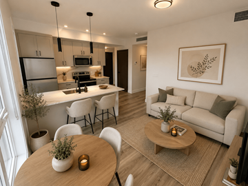 Ottawa apartment for rent - A modern kitchen with a dining table and chairs, and a living room with a couch and a coffee table.