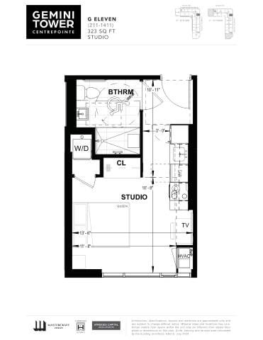 Floor plan for studio, 1 bath, 323 sqft