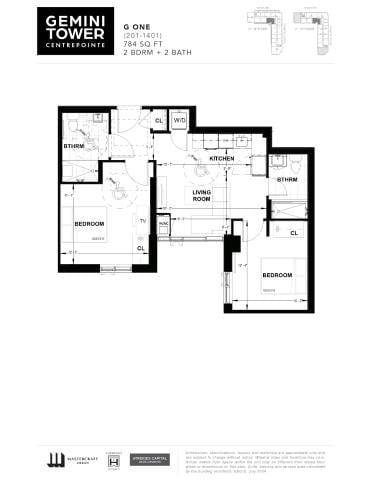 Floor plan for 2 beds, 2 baths, 784 sqft