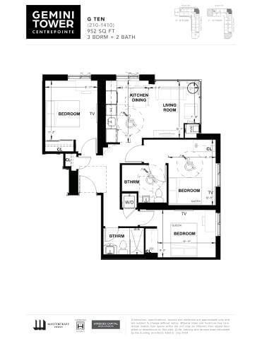 Floor plan for 3 beds, 1 bath, 952 sqft
