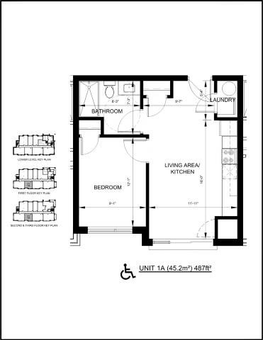 Floor plan for 1 bed, 1 bath, 485 sqft