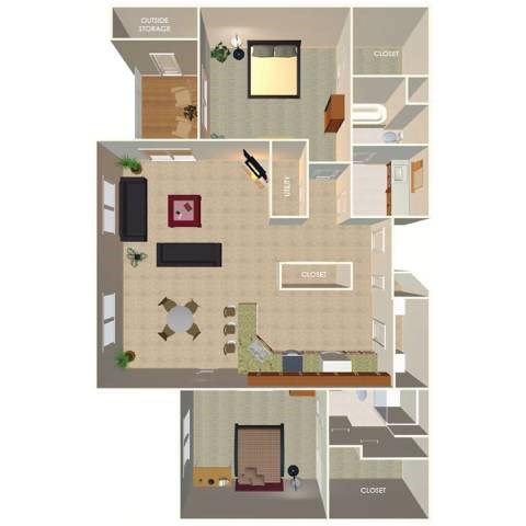 Floor plan for 2 beds, 2 baths, 1391 sqft
